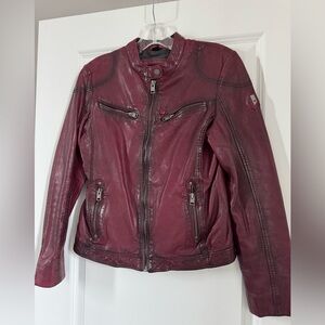 Women's Wine Leather Moto Jacket with Zip Details
